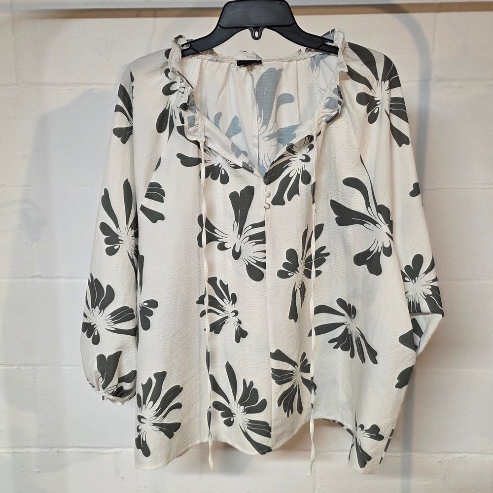 Coco +‎ Carmen Womens XXL White Black Floral Ruffle Tie Neck Crepe Blouse Boho